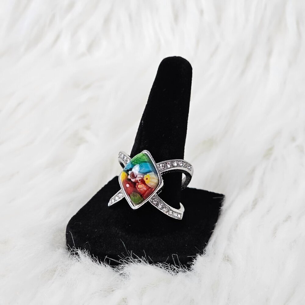 Millefiori Glasswork New Silver Tone Austrian Crystals Stainless Steel Ring